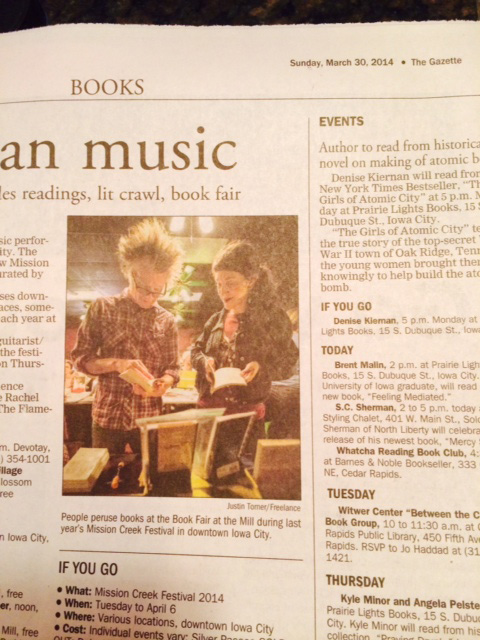 Here is a tiny photo of me and awesome poet Matt Hart published in the Gazette yesterday! This is from last year's Mission Creek Festival! (Thanks for the photo Sara!) I am psyched for this year's festival going on this weekend. :)